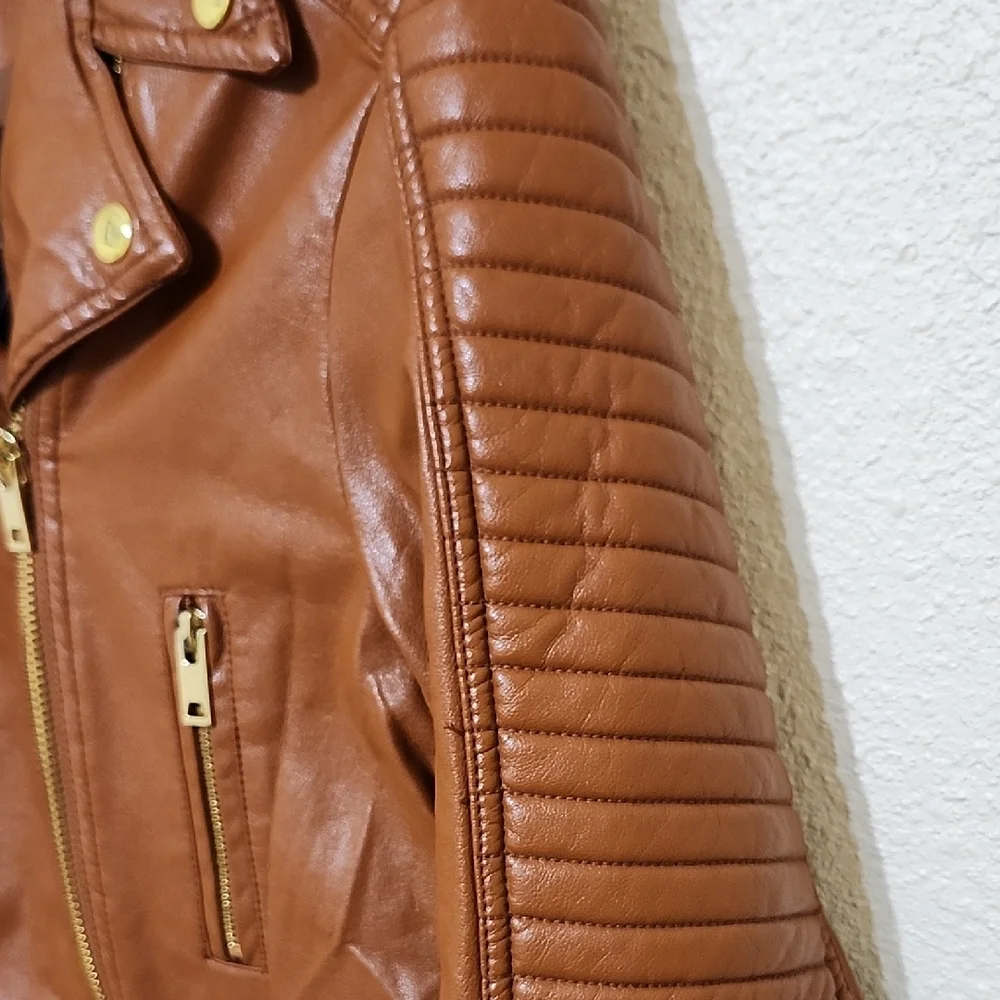 Love Tree Brown and Gold Leather Motorcycle Jacket - Picture 7 of 14